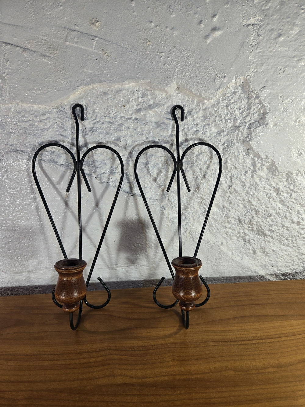Rustic Heart Metal & Wood Wall Sconce Pair Taper Candle Holders Green